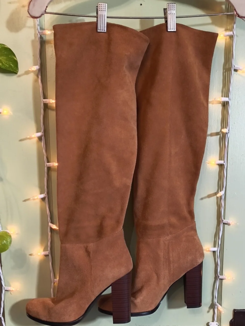 Women's Sam Edelman Knee High Walnut Faux Suede Round Toe Stack Heel Boots 9.5